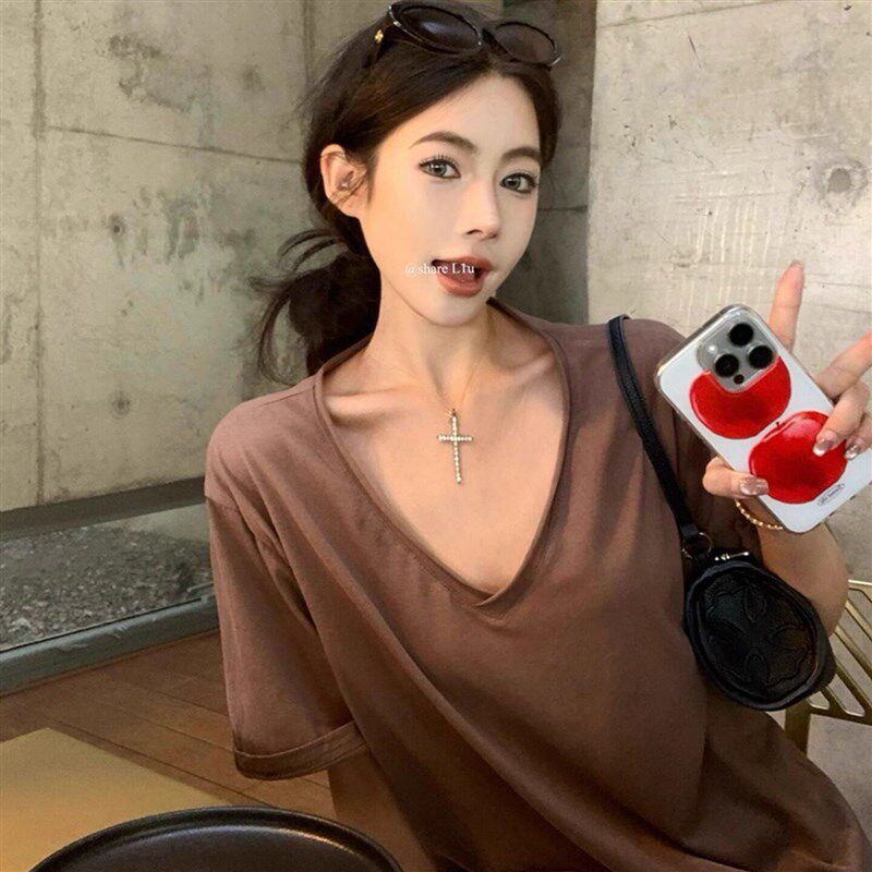 松弛感v领短袖T恤女夏季慵懒风半袖体恤衫正肩宽松休闲大领口上衣