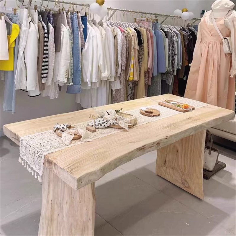 长方形休闲 原木色实木头自然边展示长桌服装店艺术U桌长条凳