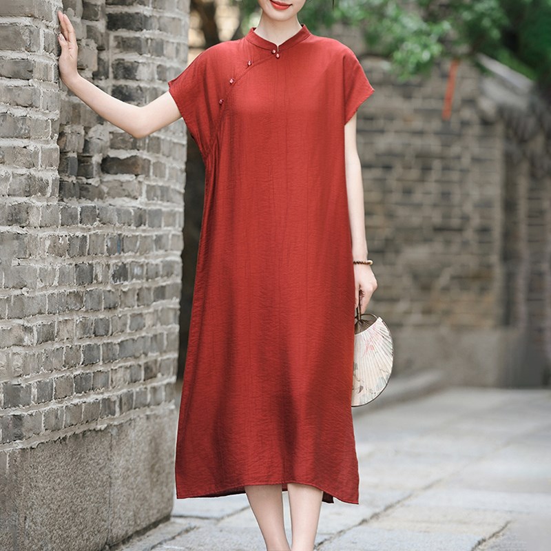 棉麻复古新中式改良旗袍裙女夏季2025新款国风优雅短袖连衣裙长裙