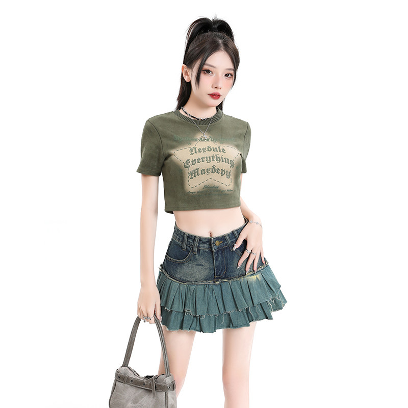 夏辣妹美式高腰a字显瘦牛仔半身裙蛋糕裙蓬蓬裙百褶荷叶边裙女士