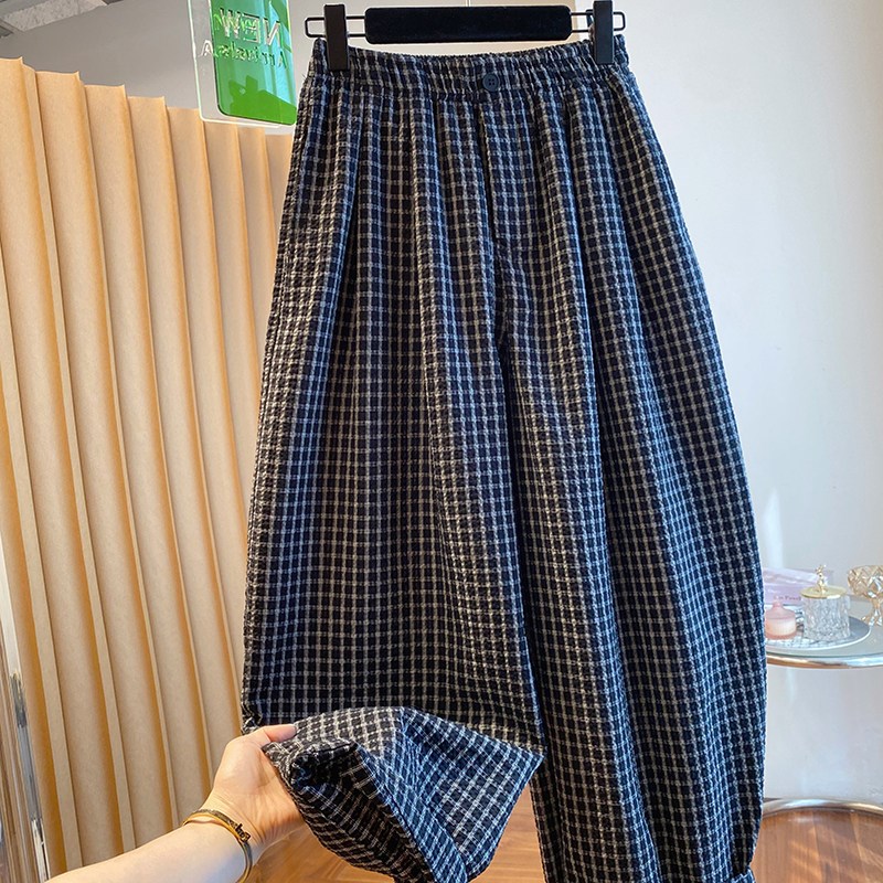 深圳南油高端货格子哈伦裤女夏薄款宽松休闲百搭阔腿裤九分气球裤