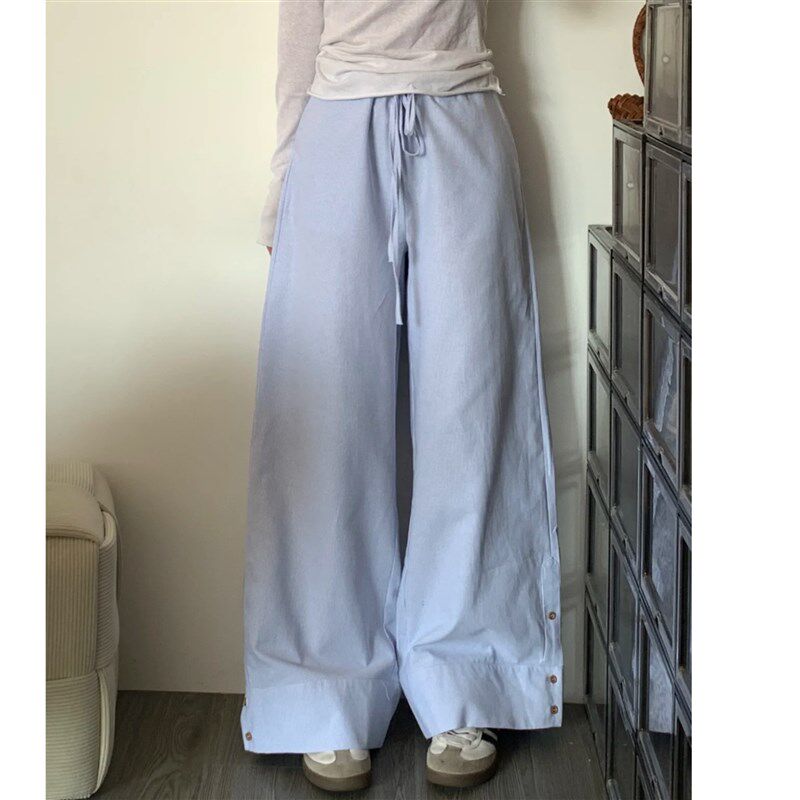蓝色条纹休闲裤女夏季宽松低腰阔腿裤薄款速干运动裤垂感直筒裤子