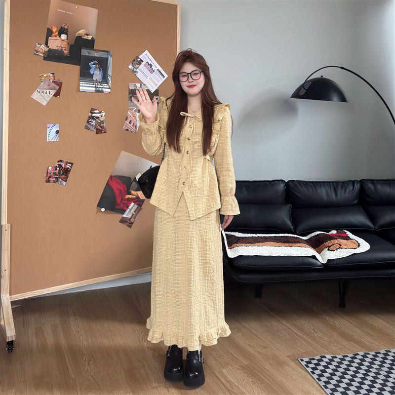 大码胖mm韩系潮流翻领设计感衬衫春季新款休闲花边显瘦半身裙套装