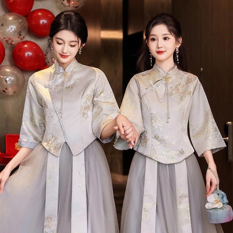 新中式伴娘服女2024新款冬季姐妹团礼服小众高级感显瘦旗袍伴娘裙