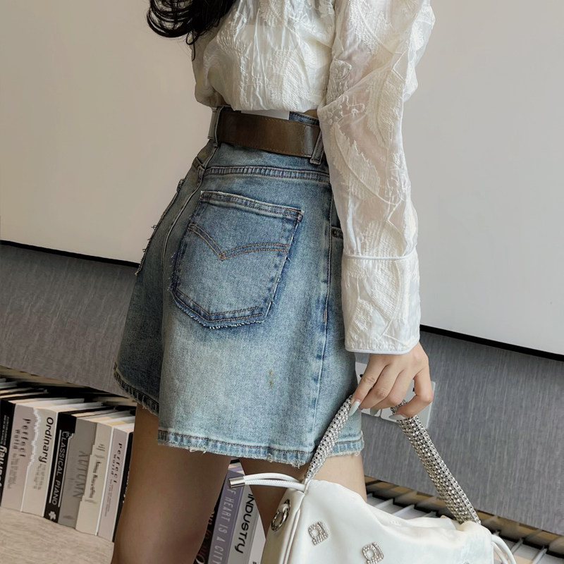 夏新款做旧蓝色阔腿牛仔短裤女高腰显瘦大码休闲A字外穿辣妹热裤