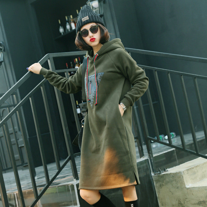 中长款卫衣女2025新款春装无绒韩版宽松无绒连帽套头外套连衣裙