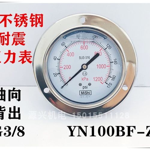糜氏 YN100BFZT 全304不锈钢耐震压力表 轴向带边 氨用 0-1200kpa