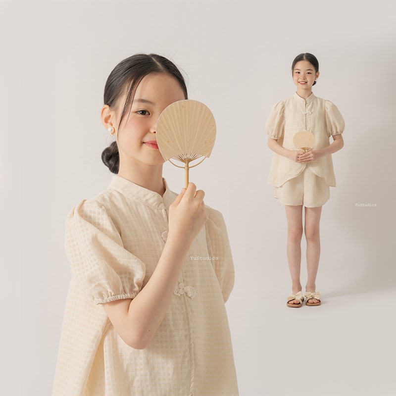 女童中式旗袍2025寓夏季杏色国风透气休闲小个子女生新中式套装