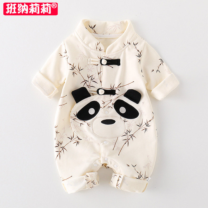婴儿衣服春秋季薄款连身衣复古中国风唐装男女宝宝满月百天拍照服