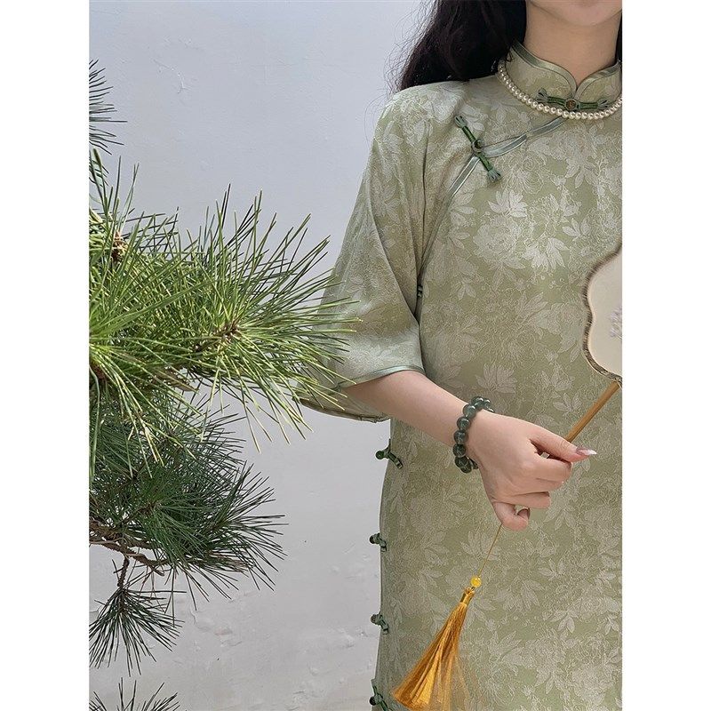 麓津自制《西湖柳》2022年轻款改良版少女无省全开襟旗袍连衣裙子