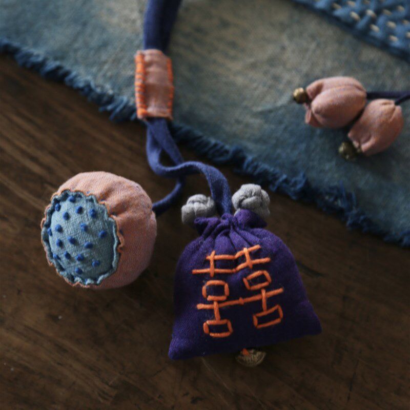 布缘记纯手工刺绣复古香囊喜字福字项链文艺搭配棉麻挂件端午项链