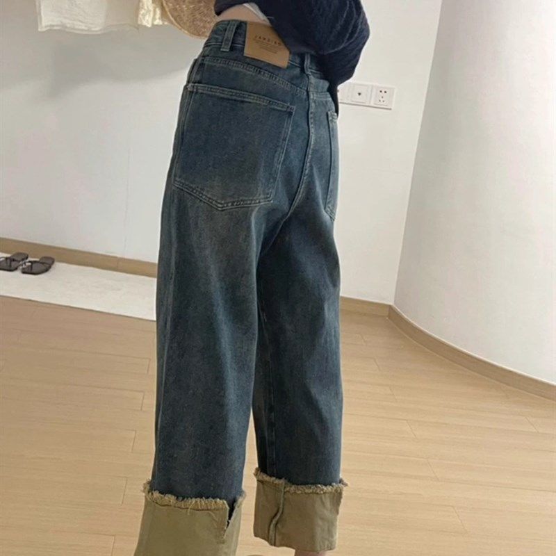 撞色卷边直筒牛仔裤子春秋款小个子高腰宽松N九分阔腿裤卷裤脚女