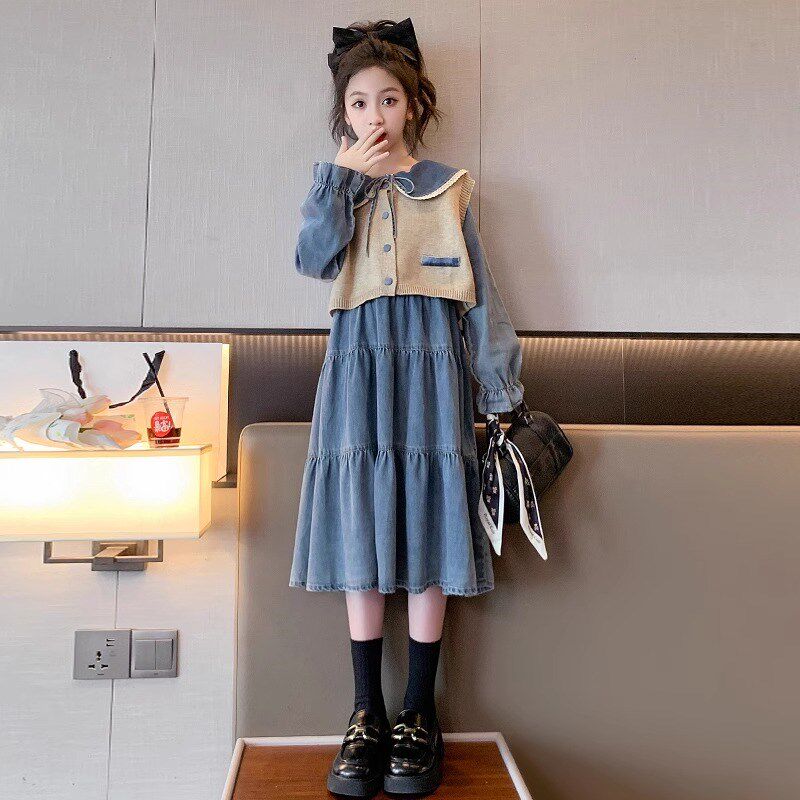 女童牛仔连衣裙春装2024新款好看儿童网红长袖马甲裙子套装两件套