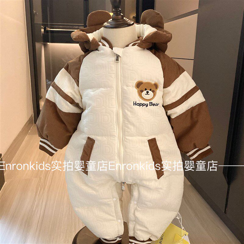 婴儿冬季羽绒服连体衣棒球服休闲男宝宝外出衣服加厚抱衣冬季爬服