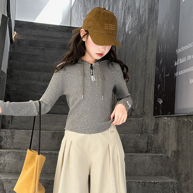 女童长袖t恤短款连帽洋气休闲百搭童装衣服打底衫儿童体恤上衣潮