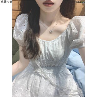 茶歇法式白色刺绣连衣裙女夏高级感复古气质收腰甜美仙女初恋长裙