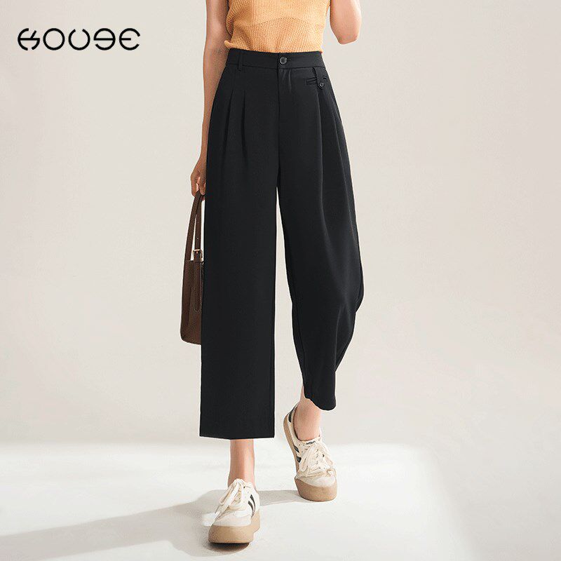 黑色七分裤女夏薄款休闲直筒裤宽松小个子松紧腰九分西装阔腿裤子