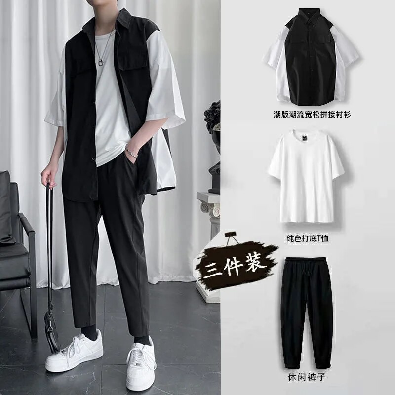 夏季男士休闲套装潮流韩版帅气条纹短袖衬衫一套搭配港风三件套男