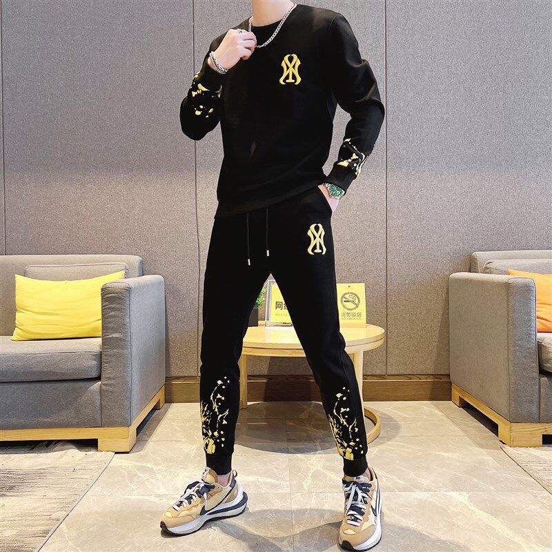 休闲运动套装男秋季潮流时尚韩版新款卫衣搭配帅气男士两件套刺绣
