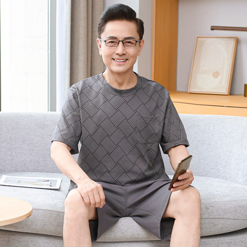 2025新款纯棉睡衣男士短袖五分裤夏季薄款中老年人爸爸家居服套装