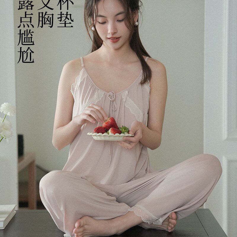 夏季仙女睡衣套装吊带长裤家居服短裤花边蕾丝纯欲牛奶丝带胸垫女