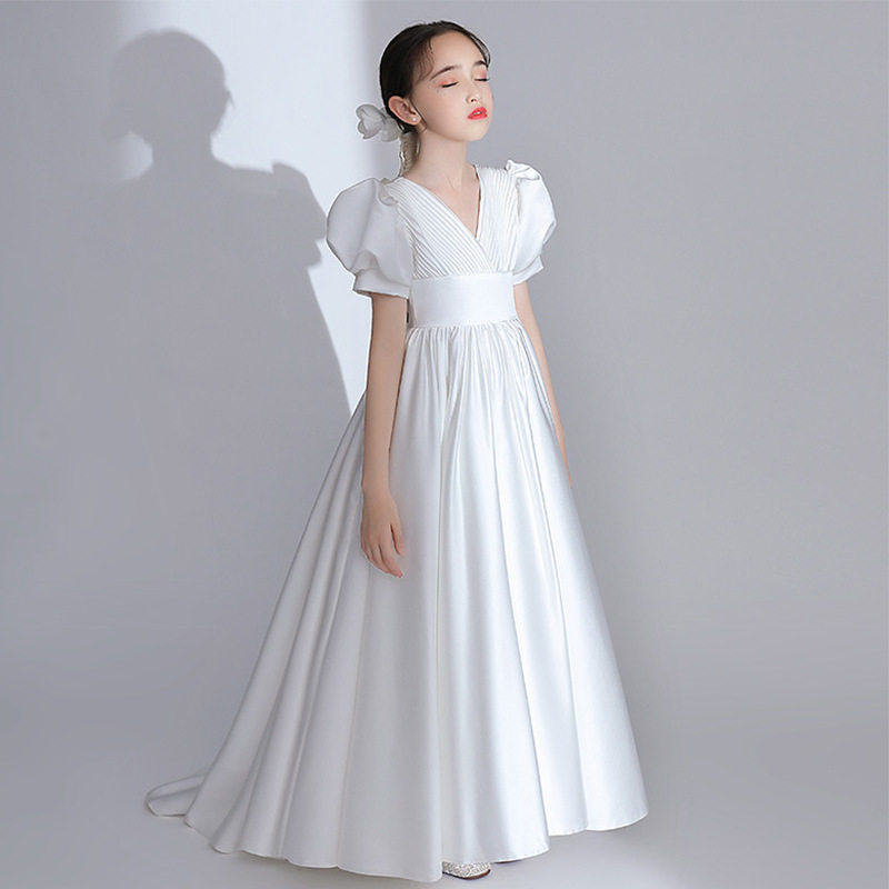 女大童晚礼服2023春夏新款缎面中学生钢琴比赛演出服儿童主持长裙