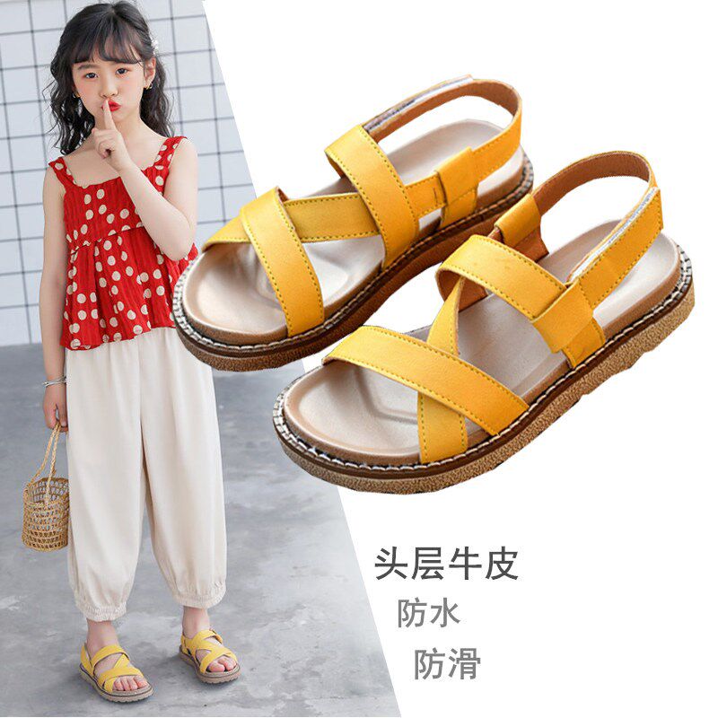 儿童凉鞋女童休闲防水新款2022夏款沙滩鞋透气宝宝真皮红色黄色紫