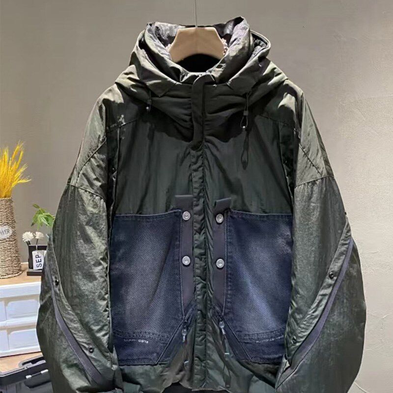 2024冬季新款牛仔拼接连帽羽绒服外套男宽松休闲潮牌男士工装上衣