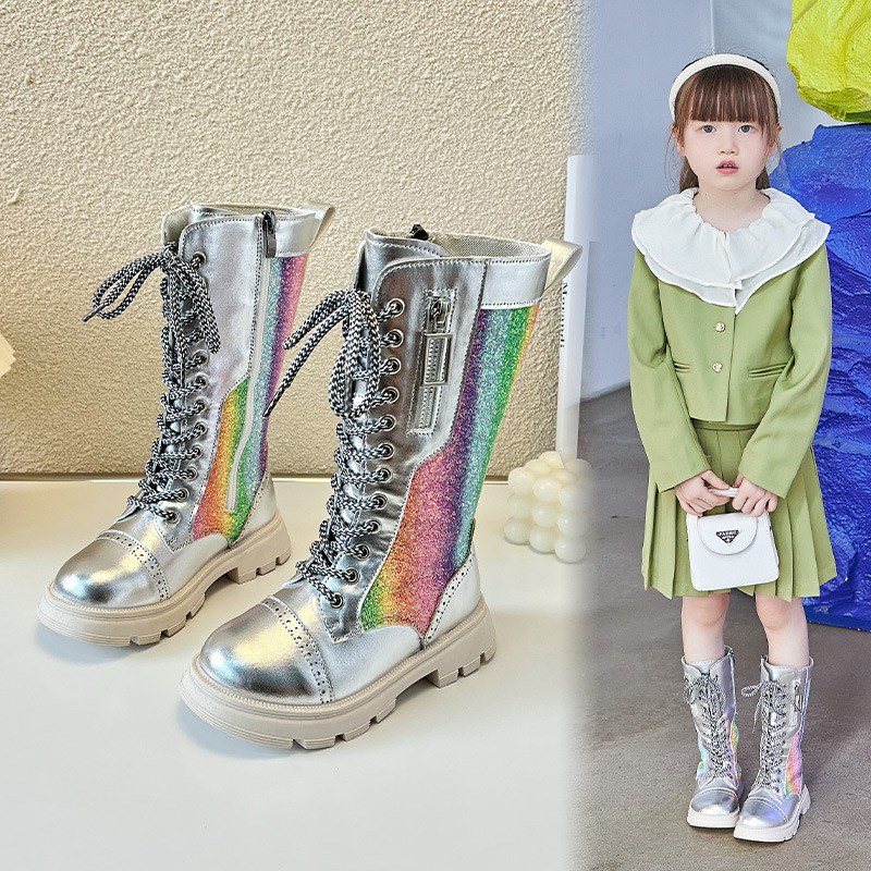 儿童长筒靴模特走秀银色长靴女童黑色靴子秋季小女孩表演公主鞋子