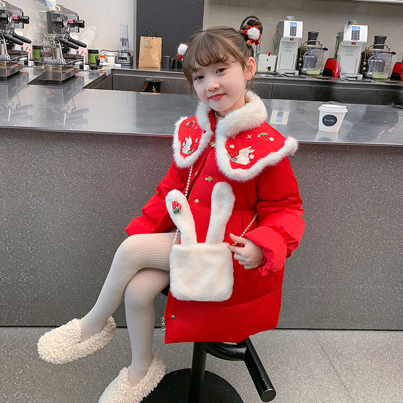 女童棉服2023新款冬季儿童拜年服中长版红色羽绒棉袄外套女孩棉衣