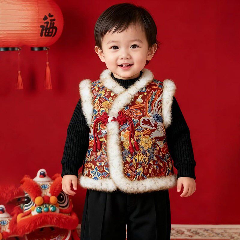 儿童新中式马甲夹棉外套男宝冬装周岁礼服国风婴儿背心唐装拜年服