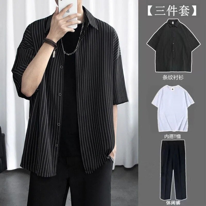 三件套夏季休闲冰丝套装男韩版一套搭配帅气潮流百搭条纹短袖衬衫