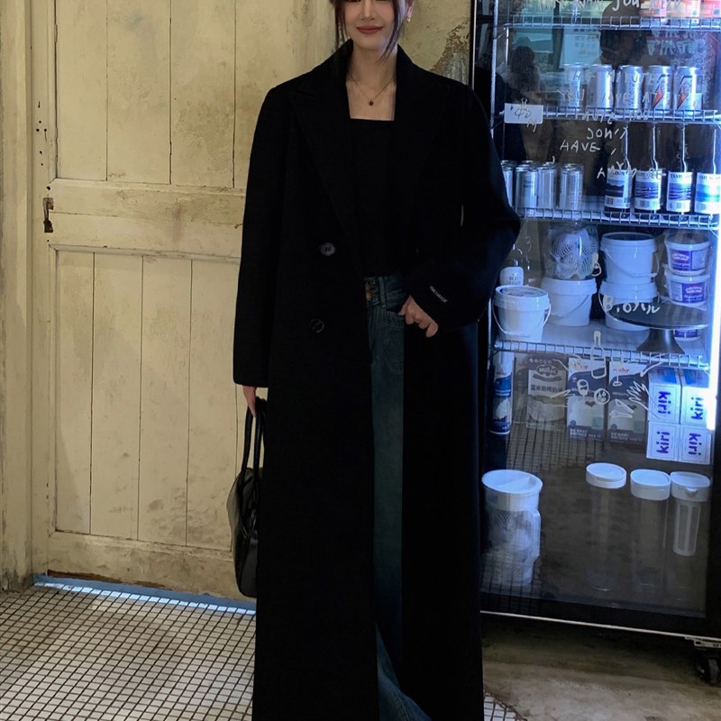 毛呢外套女黑色超长款高级感宽松赫本风秋冬季加厚高个子呢子大衣