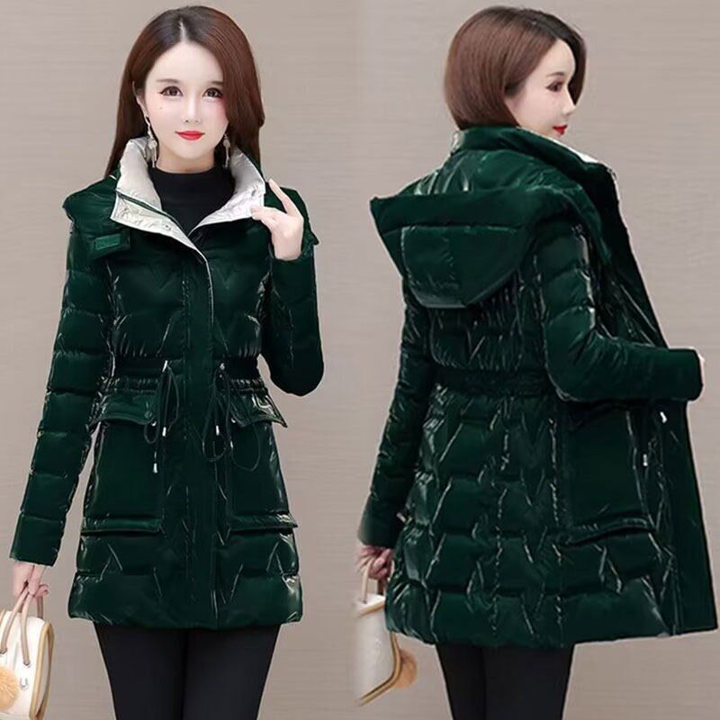 棉衣女中长款冬季新款加厚韩版修身时尚棉服洋气免洗亮面保暖棉袄