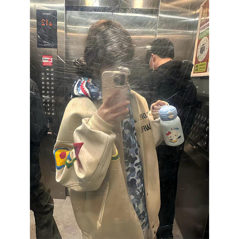 美式高街潮牌毛巾绣棒球服外套女春秋宽松复古设计感小众夹克情侣