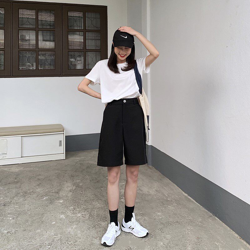 大码五分裤女200斤2022新款夏季黑色阔腿高腰显瘦直筒西装短裤女