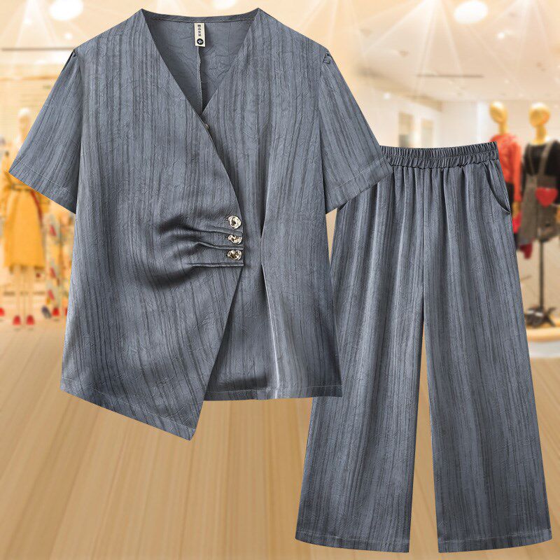 高端夏季妈妈装薄款套装宽松40岁50中老年气质两件套短袖阔腿裤女