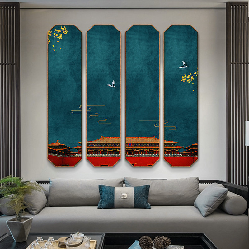 新中式客厅装饰画k四联餐厅饭店挂画沙发背景墙壁画中国风红色花