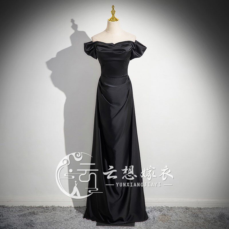 黑色优雅长裙一字肩晚礼服女新款宴会气质艺考大气演出年会主持人