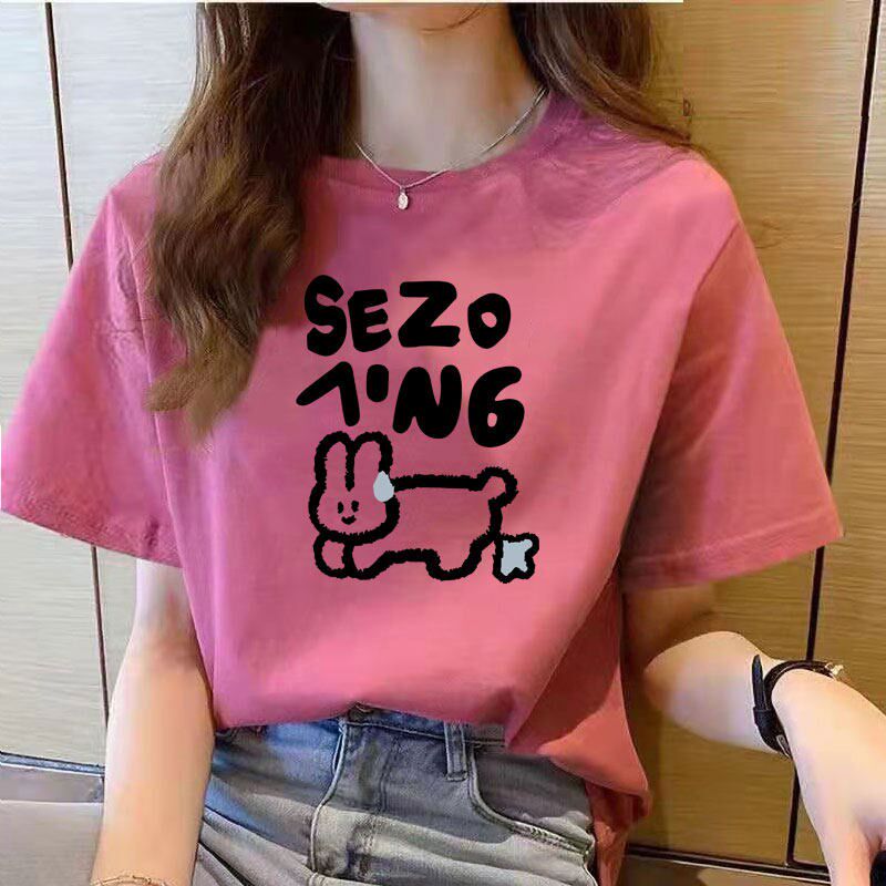 100%纯棉短袖t恤女2025夏装新款韩版宽松上衣圆领印花显瘦半袖潮