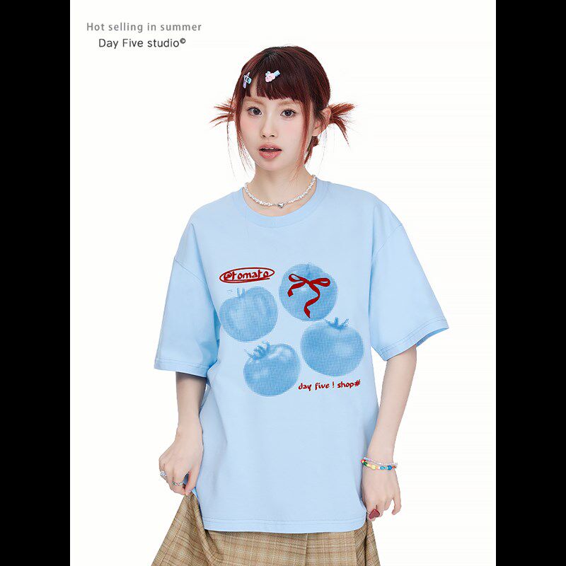 第五天 美式复古设计感番茄印花短袖t恤女夏季纯棉宽松圆领半截袖