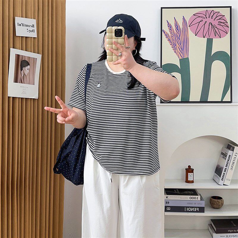 宛宛大码女装条纹上衣女针织衫2025夏款胖mm时尚宽松显瘦短袖t恤