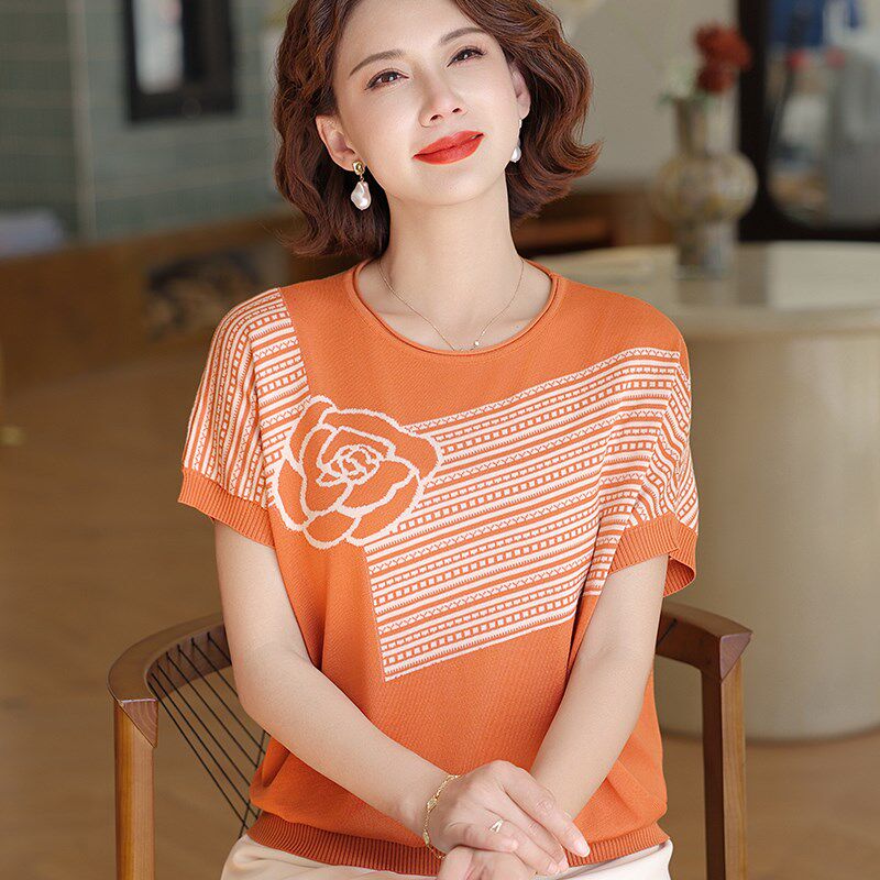 时尚妈妈夏装2025新款短袖t恤冰丝上衣服中年轻妇女夏季洋气汗衫