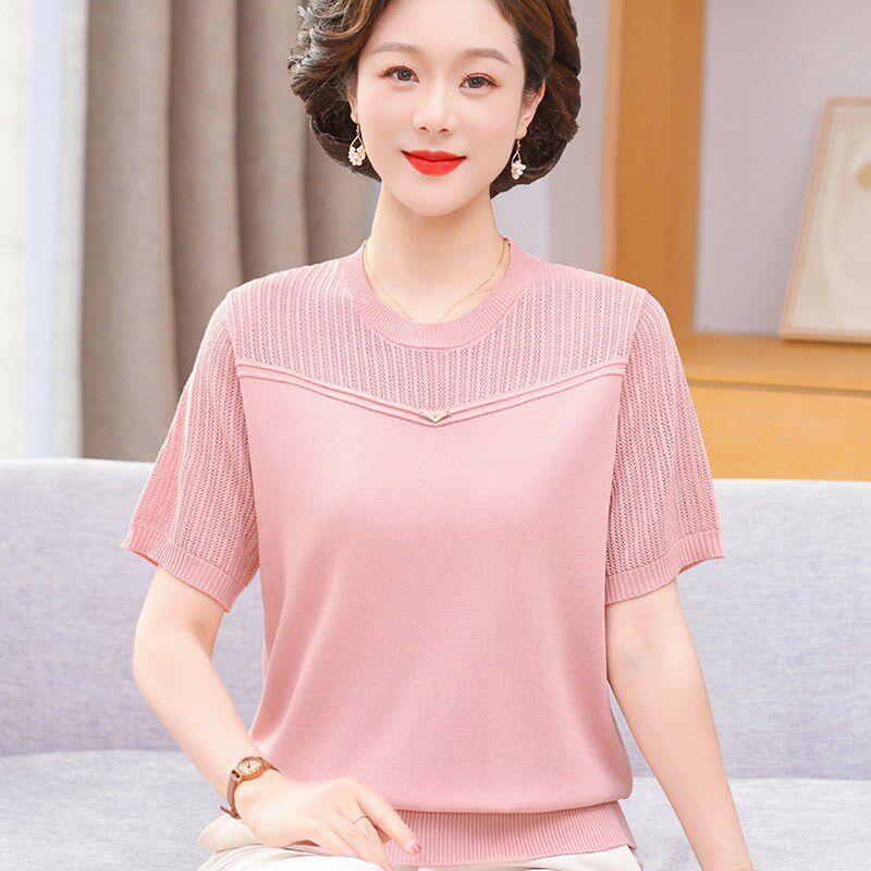 妈妈夏装洋气短袖冰丝小衫2025新款中老年女薄款上衣针织T恤女装