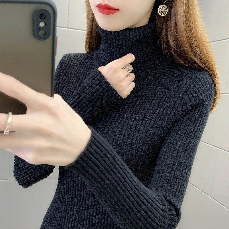 高领修身针织衫毛衣女2024秋冬季新款套头内搭长袖加厚保暖打底衫