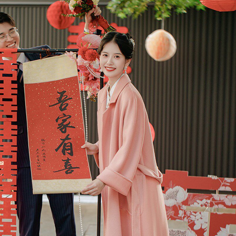 苏爱粉色双面羊毛大衣女新娘订婚结婚气质秋冬新款毛呢外套高级感