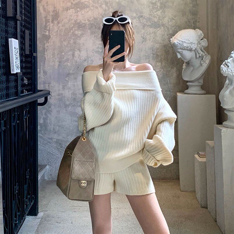 纯欲辣妹套装女秋冬慵懒一字肩长袖毛衣针织短裤休闲两件套松弛感
