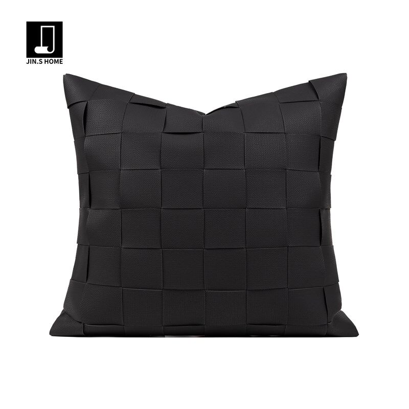 抱枕沙发客厅轻奢高级感黑色皮质编织方枕样板间别墅床上靠垫靠枕