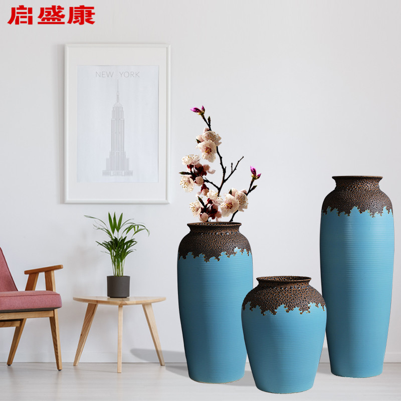 蓝色落地大花瓶软装布景q花器园林大花瓶别墅大花瓶浮雕质感大花