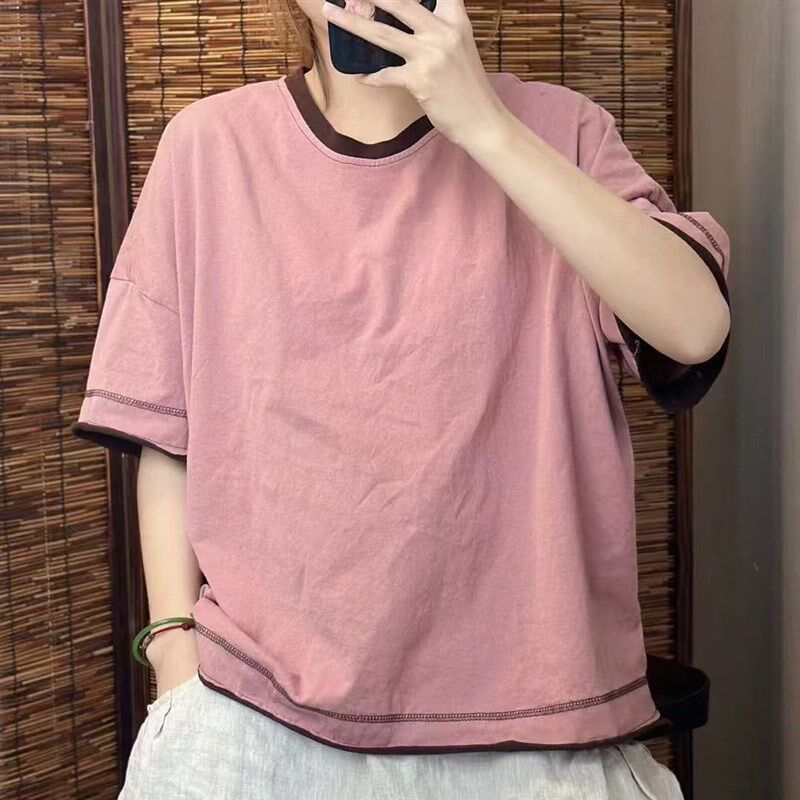 2025夏季新款休闲百搭简约风领口撞色针织棉套头短袖上衣女纯棉T